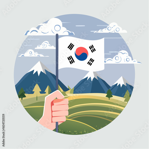 A hand waving the flag of South Korea against a scenic mountain landscape. A flat design vector illustration.