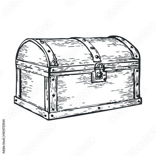 Vintage wooden treasure chest with metal lock illustration