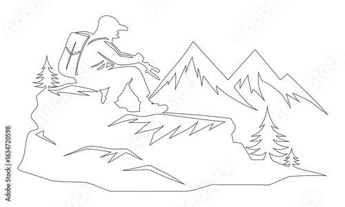 Hiker on mountain peak outline
