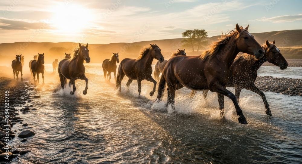 Naklejka premium Horses running through a river at sunset with mountains and trees in the background landscape view