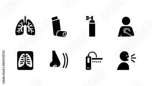 Respiratory System Icons:  Lungs, Inhaler, Oxygen Tank, Chest Pain, X-Ray,  Nasal Congestion, Peak Flow Meter, Coughing;  Medical, Healthcare, Black Glyphs.