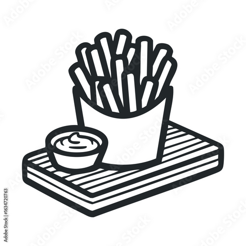 Black and white illustration of french fries with dipping sauce on wooden board