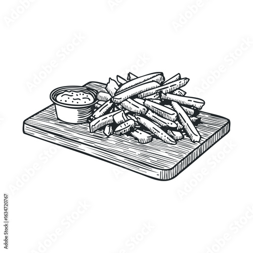Hand-drawn french fries with dip on wooden platter
