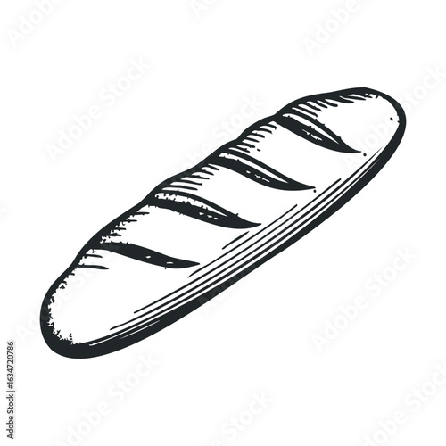 Hand-drawn baguette illustration in black and white with cross-hatch details