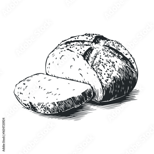 Hand-drawn rustic bread with sliced loaf on white background