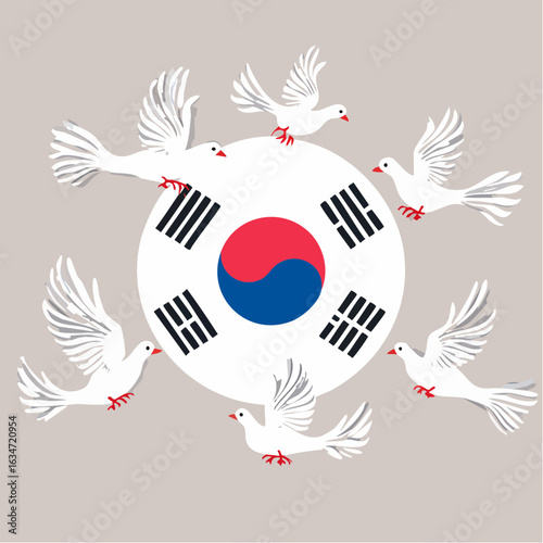 White doves of peace flying around the South Korean flag, symbolizing hope, national unity, and diplomacy on the Korean peninsula.