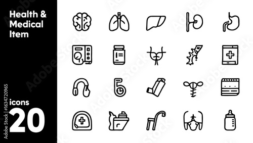 Twenty Modern Healthcare and Medical Icons: Clean Line Art Style