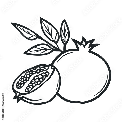 Black and white illustration of whole and halved pomegranates with leaves