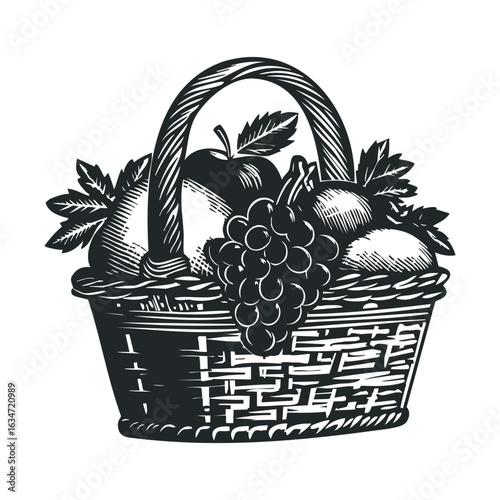 Monochrome basket of fruits: grapes, apples, pears in vintage style