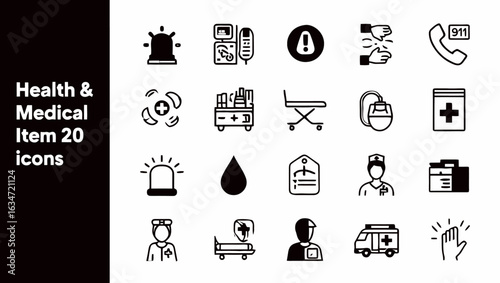 Twenty vibrant health and medical icons: emergency, healthcare, and first aid symbols.