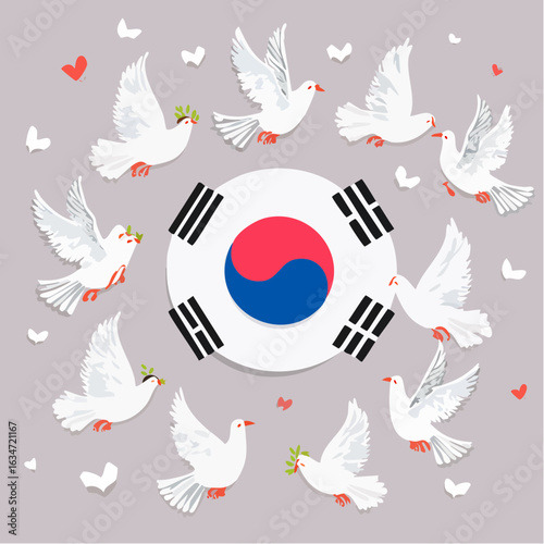 A circle of peace doves with olive branches symbolizing harmony surrounding the South Korean national flag