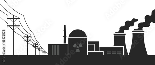 Power plant silhouette, nuclear energy station, electric grid, cooling towers, smokestacks, power generation, utility infrastructure, electricity production