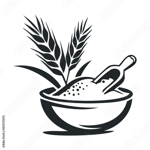 Monochrome illustration of wheat and flour in bowl with scoop symbolizing agriculture