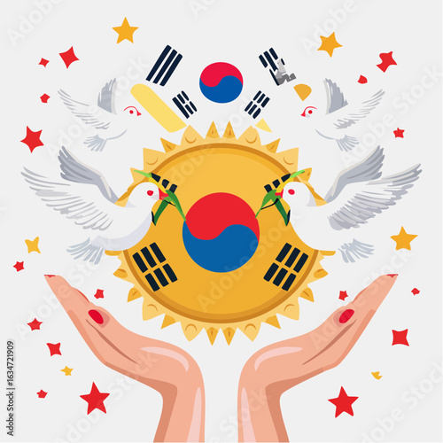Conceptual illustration celebrating South Korean national pride with symbols of peace, unity, and progress