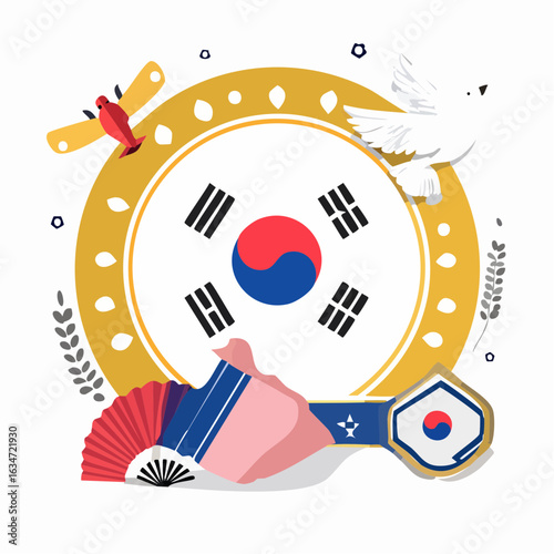 Illustration concept of South Korean national day, featuring the flag, a peace dove, and traditional fan for celebration.