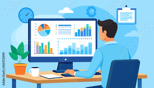 Data Analysis Visualization: Man at Computer Viewing Charts