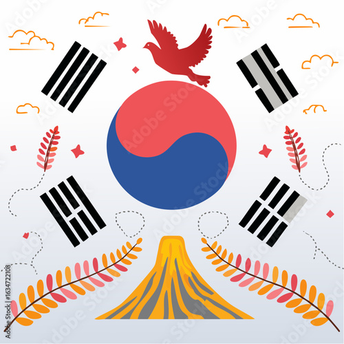 Patriotic illustration of South Korean national symbols including the Taegeukgi flag, a peace dove, and a mountain.