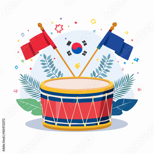 Festive illustration of a traditional Korean drum with South Korean flags, symbolizing a national cultural celebration.