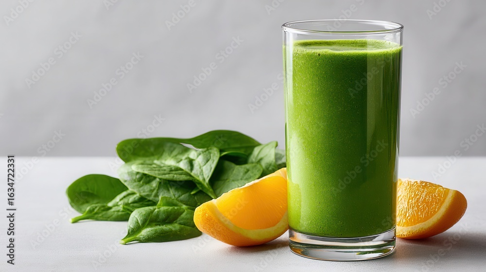 Fototapeta premium Green Smoothie in Glass with Spinach and Orange Slices