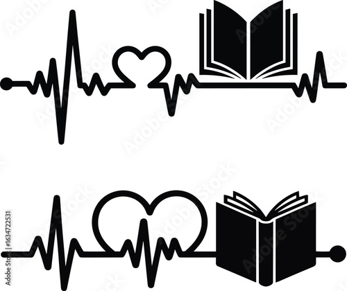 EKG Heartbeat Line with Book and Heart Symbol Black and White Minimalist Education Design