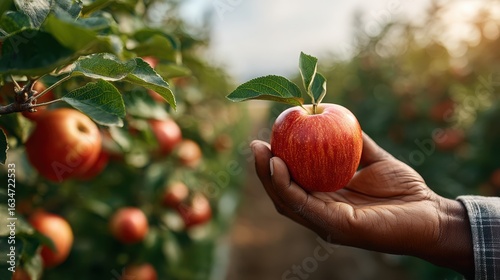 Hand Holding Red Apple in Apple Orchard