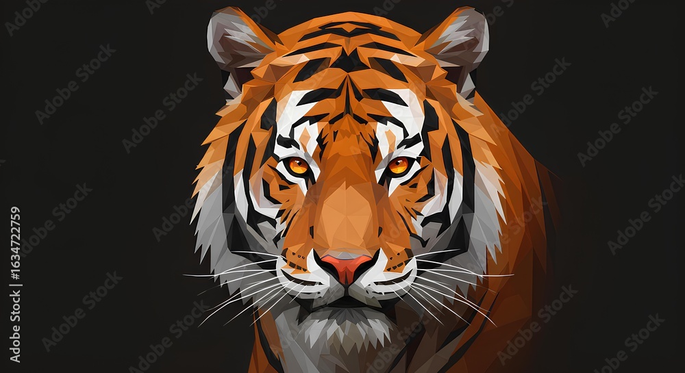 Naklejka premium A stylized digital illustration of a majestic tiger staring intensely forward against a dark background.