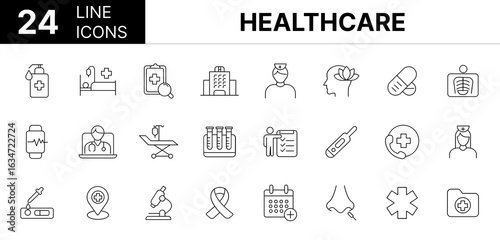 Collection of 24 Healthcare line icons featuring editable strokes. These outline icons depict various modes of Healthcare, Health, care, medicine, hospital, health, wellness, 