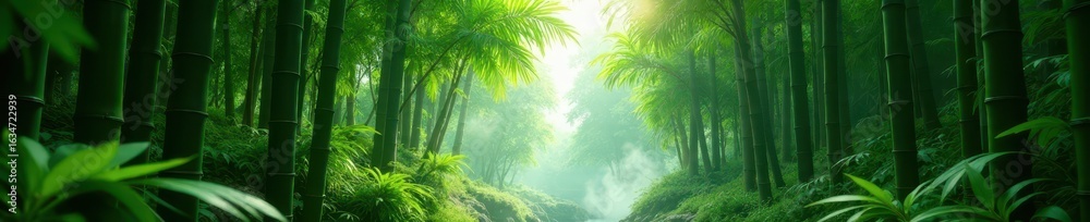 Fototapeta premium Thick bamboo thicket thrives within a steamy tropical glasshouse , growth, greenhouse, vegetation