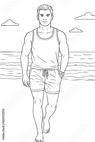 Black and white coloring page of a young man walking barefoot on the beach in summer casual wear
