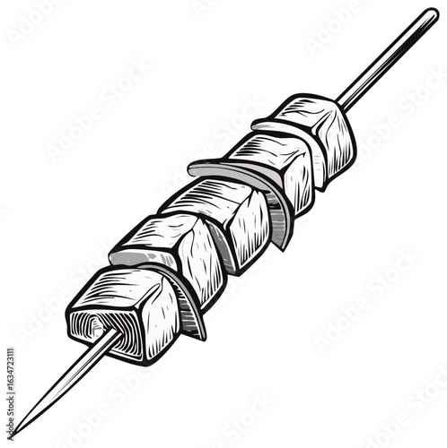Sketch of grilled meat and onion shish kebab on skewer for barbecue parties, isolated.