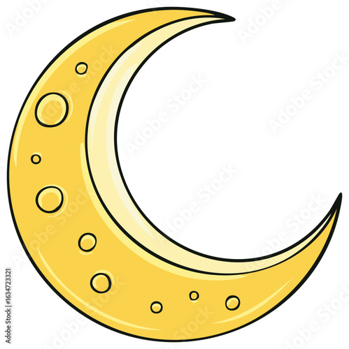 Crescent Moon Cartoon with Craters, Yellow Illustration, Night Sky Element