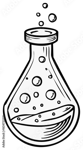 Black and white cartoon illustration of a bubbling laboratory flask depicting scientific experimentation and chemical discovery