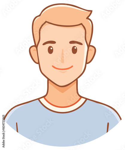 Friendly young man with short blond hair wearing a light blue t shirt smiling warmly