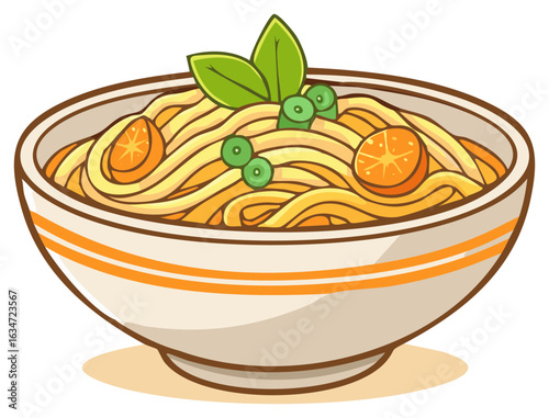 Noodle soup in a bowl with garnishes of peas and orange slices