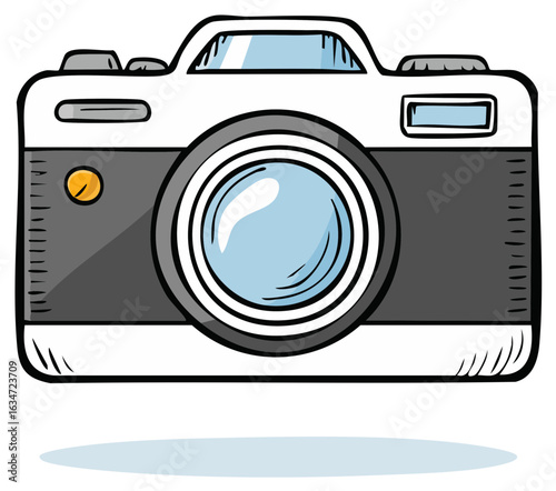 Retro camera illustration, light blue lens and details, gray and white vintage photo equipment, photography concept