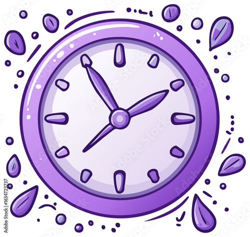Cartoon purple clock illustrating time passing with stylized hands and water droplets indicating swiftness
