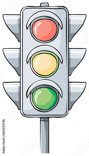 Cartoon illustration of a vertical traffic light with red yellow and green signals
