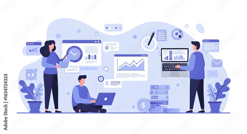 Fototapeta premium Team Working on Financial Consolidation with Laptops in Modern Office, Collaborating for Accurate Reporting, Streamlined Processes, and Effective Business Financial Management