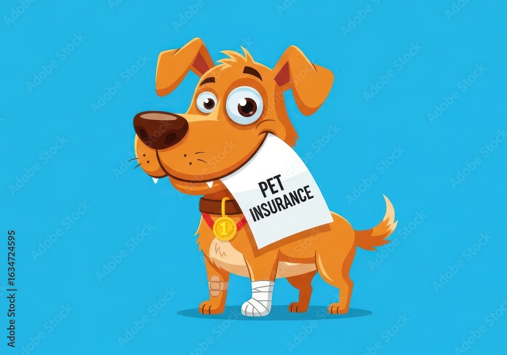 Fototapeta premium Flat illustration of a happy cartoon dog with a bandage on its paw holds a sign for pet insurance