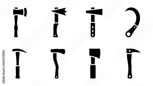 Various axes and tools, black silhouettes on white.
