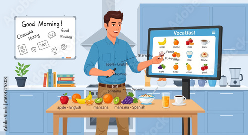 Animated man teaching English and Spanish vocabulary with food theme in the kitchen