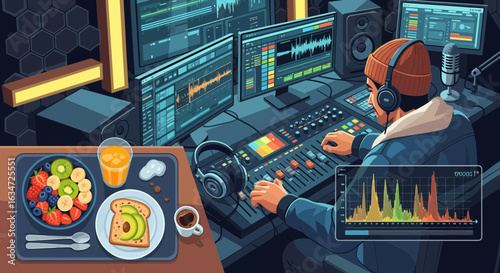 Creative professional working on music production in a digital studio setup