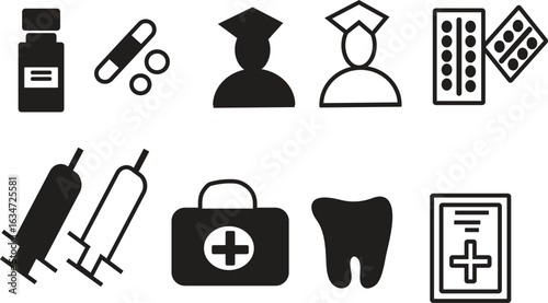 Medical and healthcare glyph icons set. Simple symbols for doctor, pharmacy, medicine, and dental care for web and graphic design.
