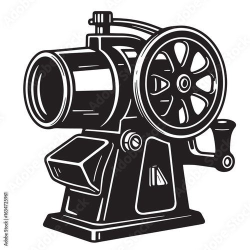 Vintage hand crank coffee grinder illustration in black and white outline style