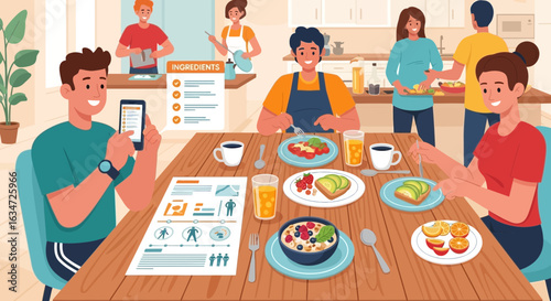 Healthy eating with family members and friends enjoying a nutritious breakfast together in the