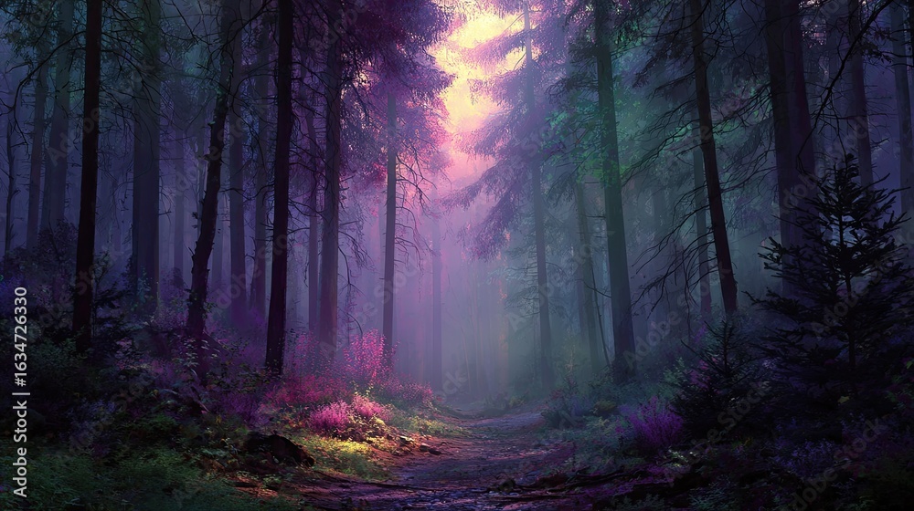 Fototapeta premium A mystical forest path bathed in ethereal light