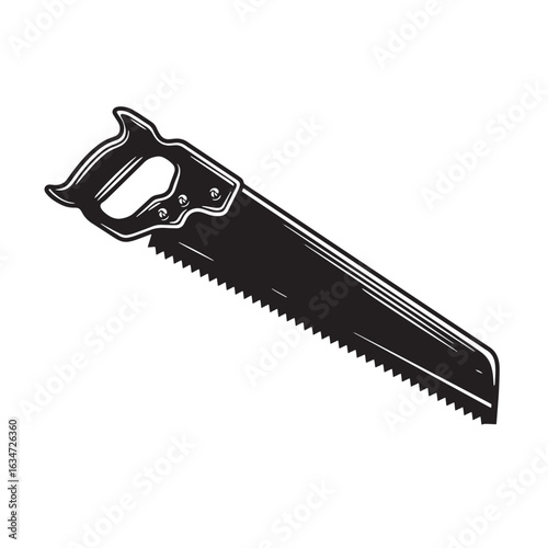 Vintage hand saw illustration in black and white with a clean isolated background