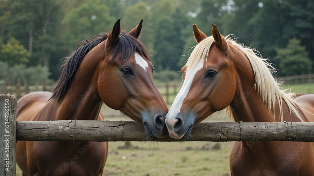 Obraz premium horses touching noses over fence