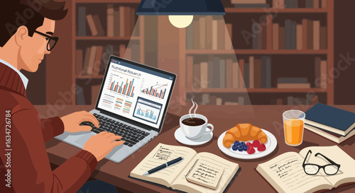 Man analyzing nutritional research data while enjoying a balanced breakfast at home or office