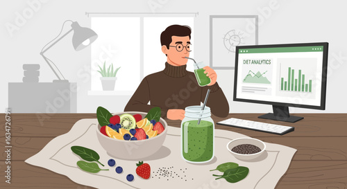 Man drinking smoothie and monitoring diet analytics for a healthy lifestyle at home